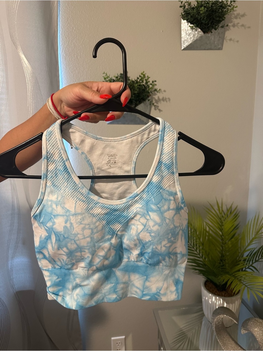 Blue and White Tie-Dye Ribbed Sports Bra Crop Top